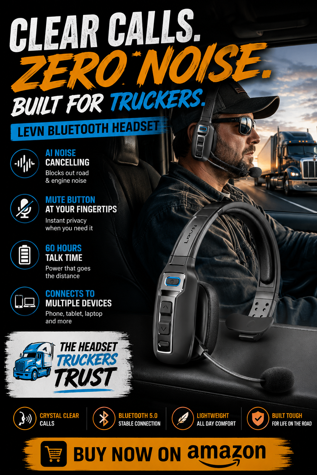 LEVN Bluetooth Headset with Microphone, Trucker Bluetooth Headset with AI Noise Cancelling & Mute Button, Wireless On-Ear Headphones