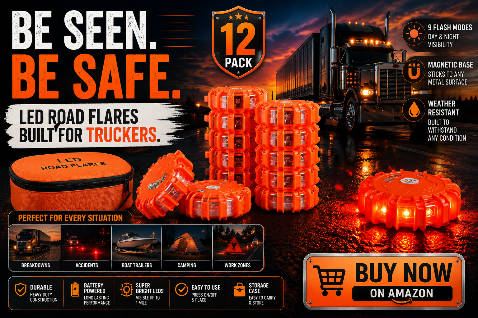 12 Pack LED Road Flares Emergency Lights Roadside Safety Beacon Disc