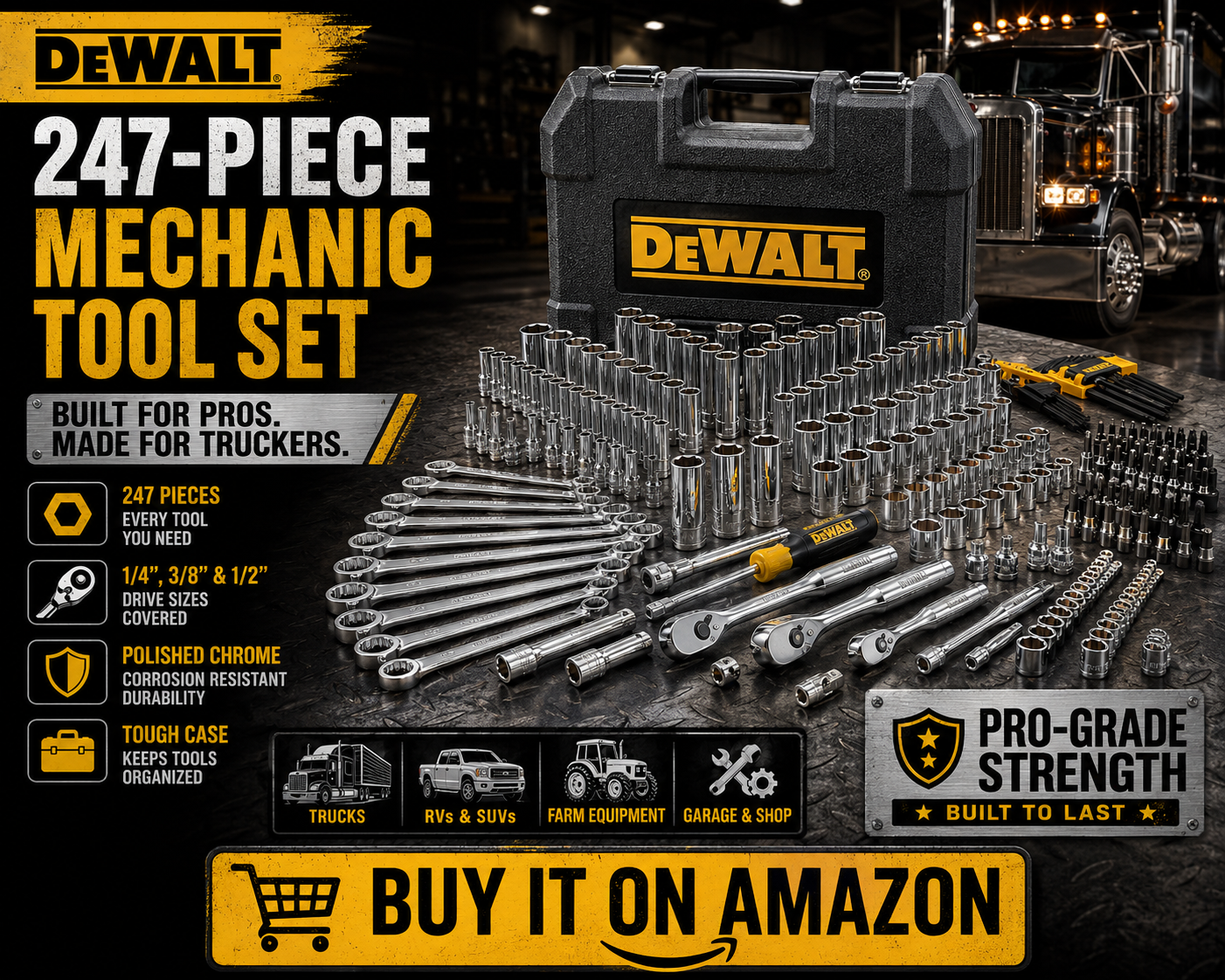 DEWALT Mechanic Tool Set, 247-Piece, 1/4 in., 3/8 in. and 1/2 in. Drive, SAE, Ratchets, Sockets, Hex Keys, Combination Wrenches, Polish Chrome Finish (DWMT81535)