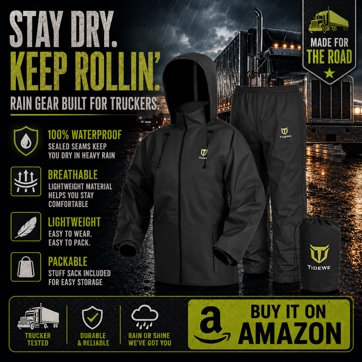 TIDEWE Rain Suit, Waterproof Breathable Lightweight 2 Pieces Rainwear