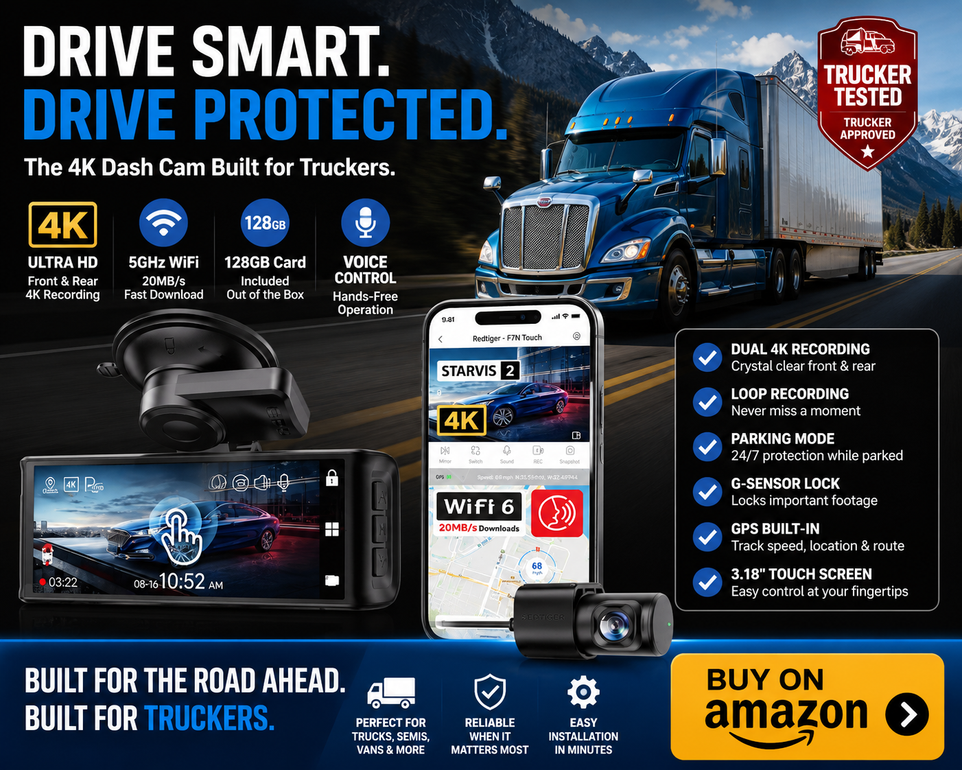 REDTIGER 4K STARVIS 2 Dash Cam Front and Rear, 5GHz WiFi 20MB/s Download, 128GB Card