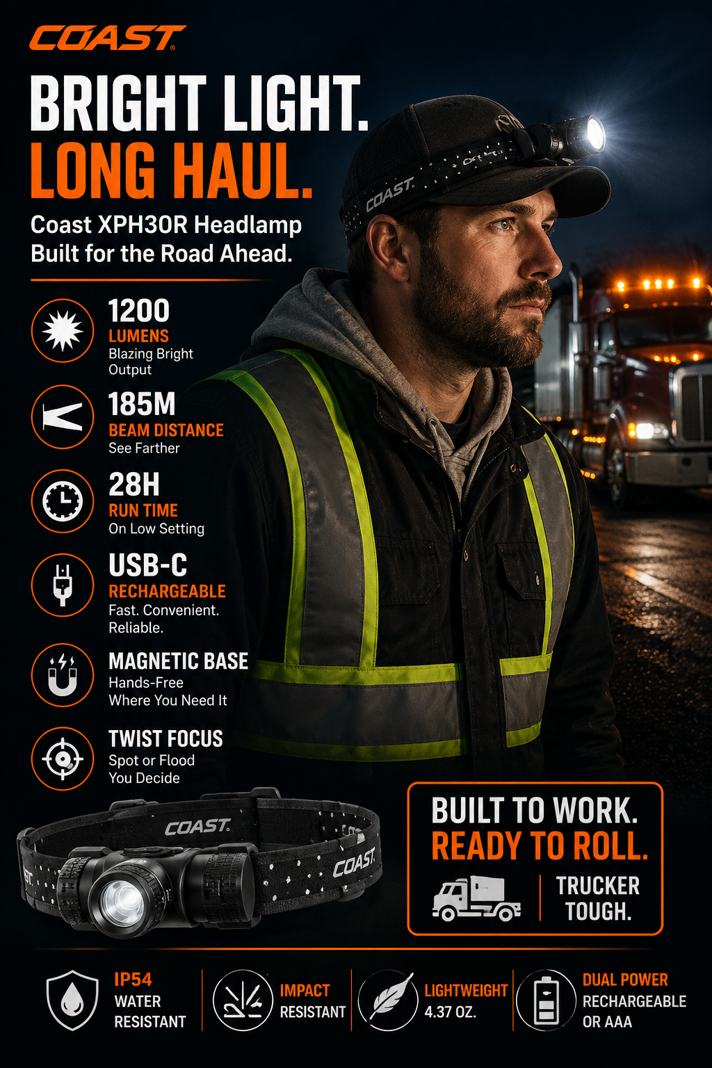 Coast XPH30R 1200 Lumen USB-C Rechargeable Dual Power Headlamp with Twist Focus Beam and Magnetic Base
