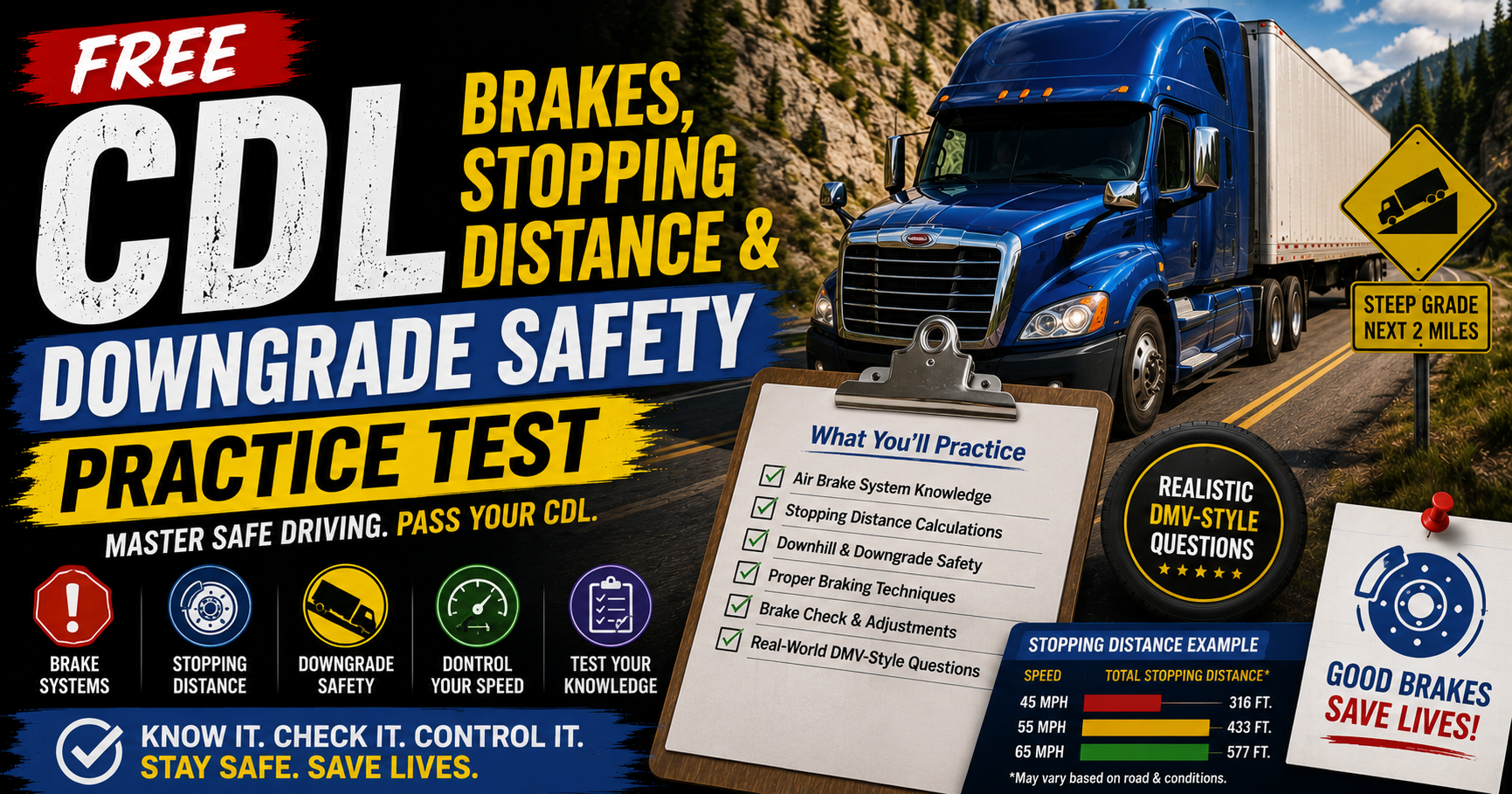 Free CDL Brakes, Stopping Distance & Downgrade Safety Practice Test