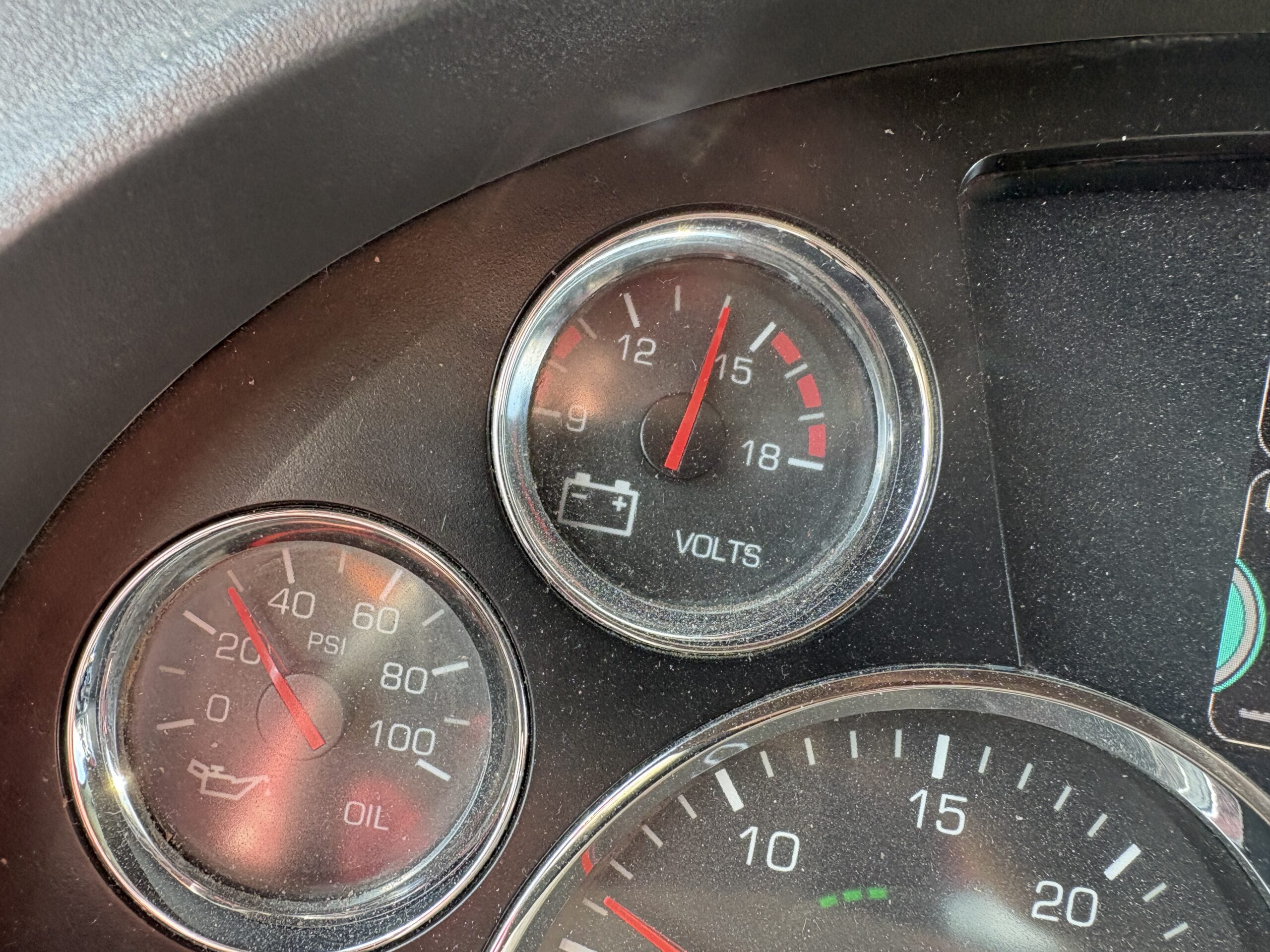 Voltage gauge in kenworth semi truck 18 wheeler